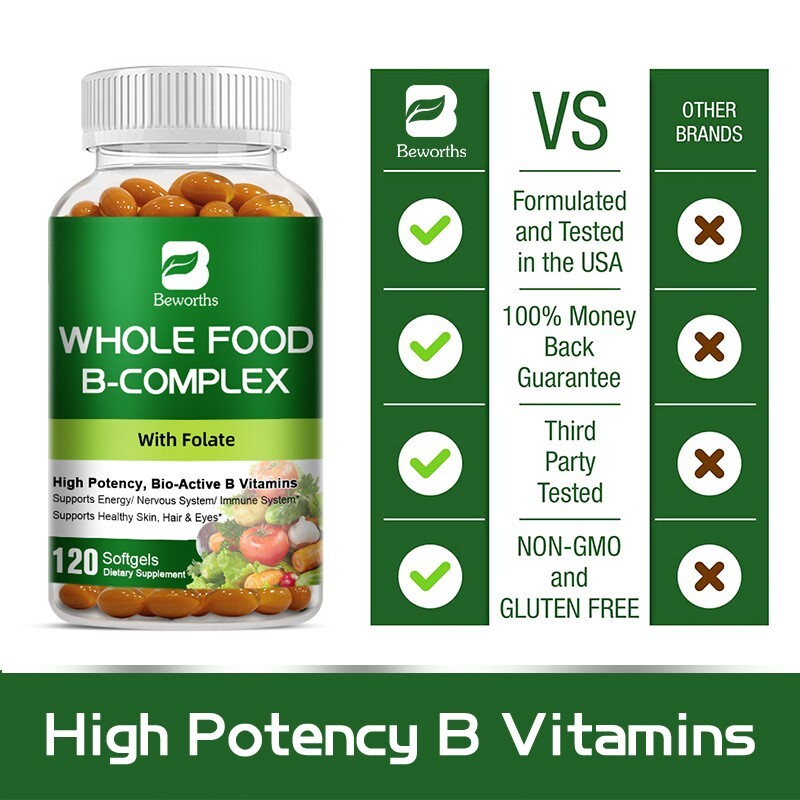 BEWORTHS Vitamin B Complex Capsules Whole Food Supplement B1, B2, B3, B5, B6,