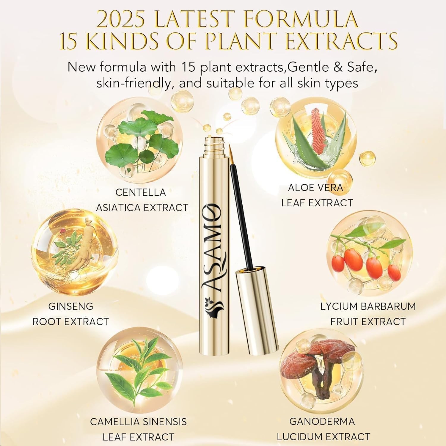 Eyelash Growth Serum – 15 Plant Extracts 0.1 Fl Oz (Pack of 1), Bright Gold