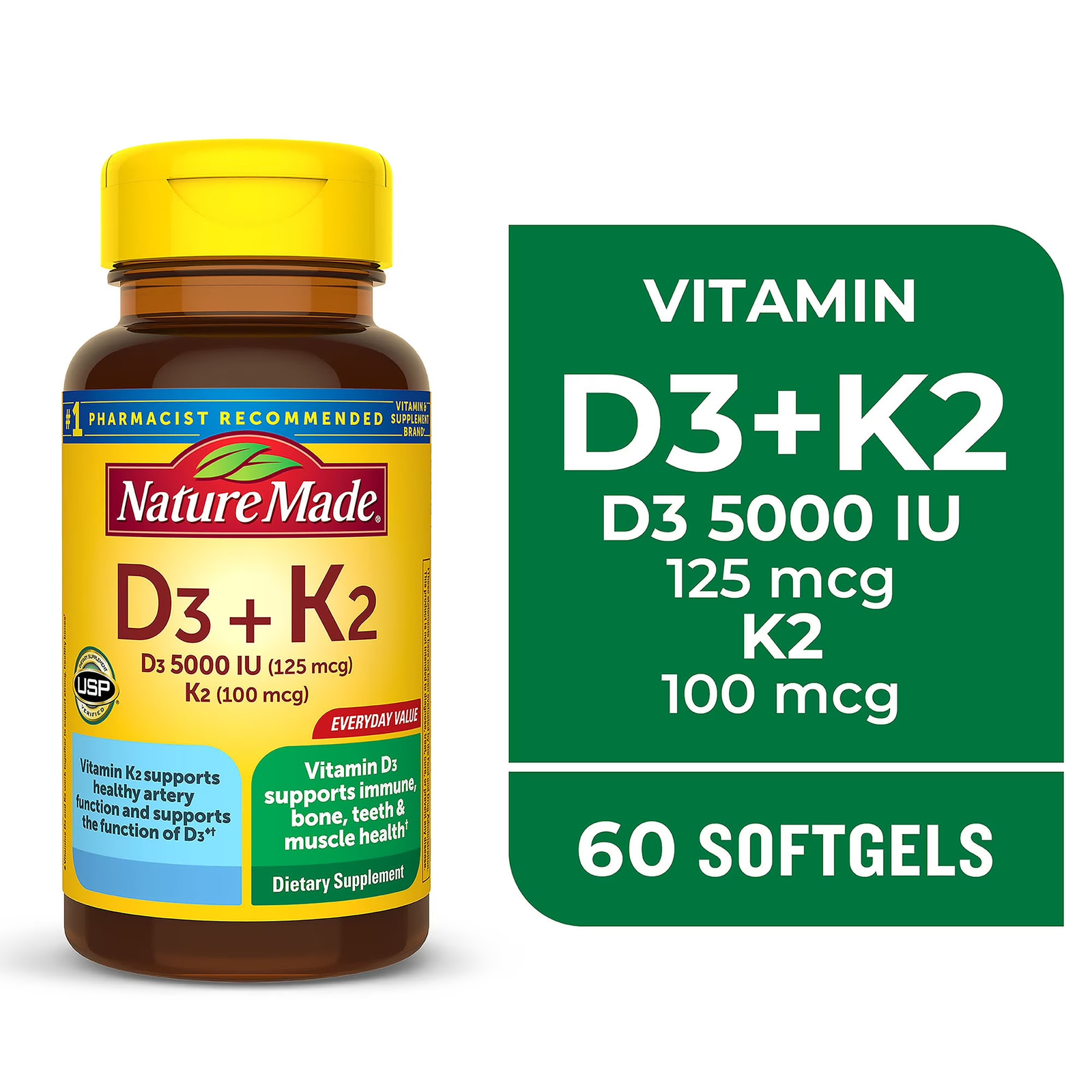 Vitamin D3 K2, 5000 IU (125 Mcg) Vitamin D Softgels, Dietary Supplement, 60 Coun