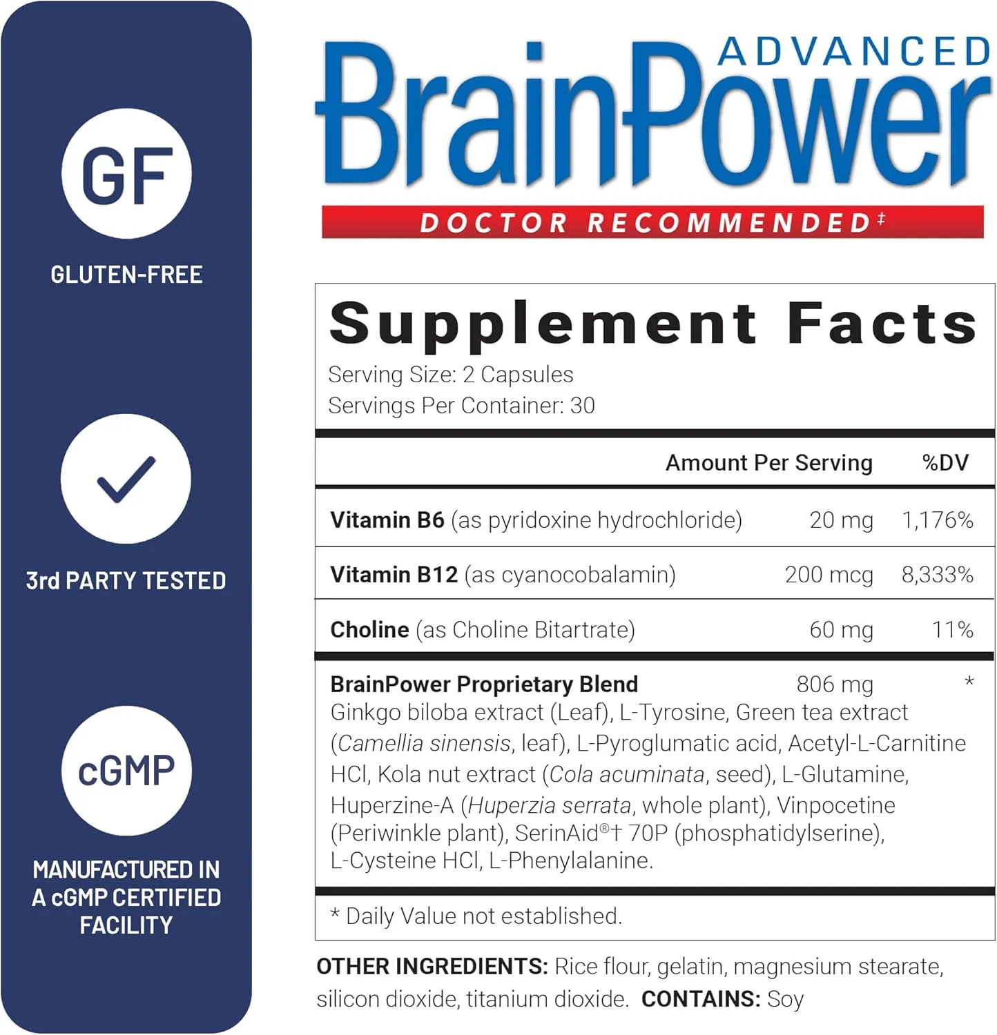 U.S. Doctors BrainPower Advanced Memory Support 15 Ingredients 60 Capsules
