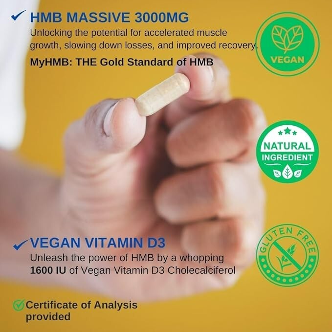 HMB 3000Mg and Vitamin D3 Supplement Capsules per Serving *USA Made & Tested* Pr
