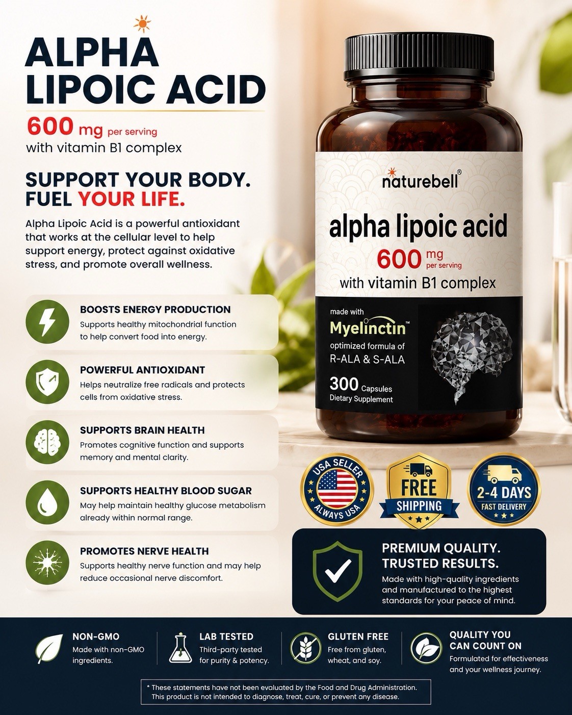 NatureBell Alpha Lipoic Acid 600mg w/ Benfotiamine B1 300 Capsules