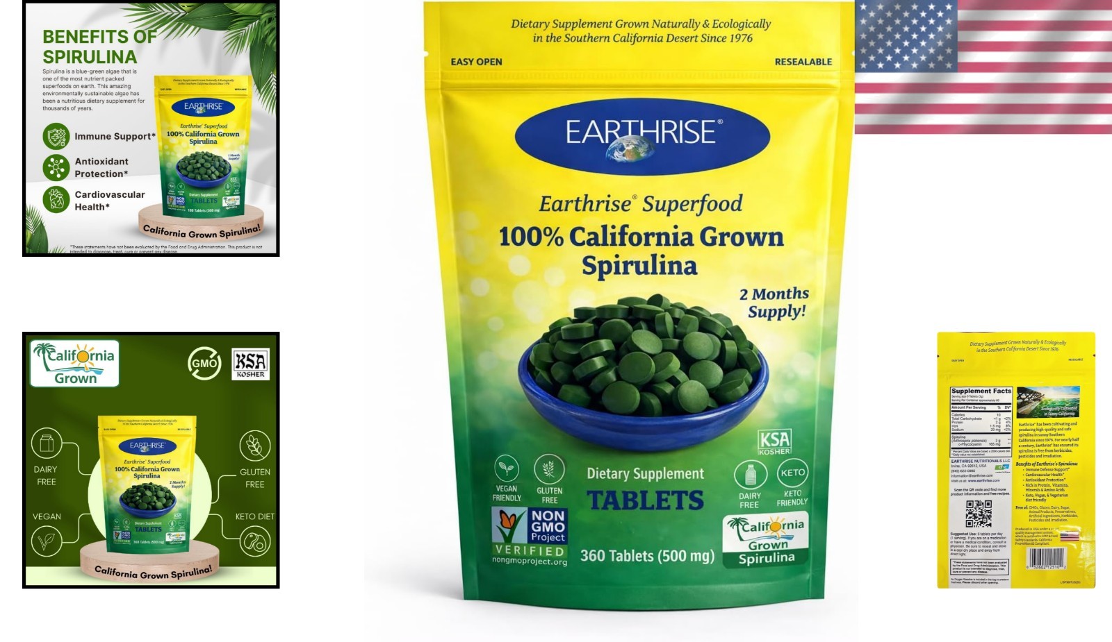 100% Pure California Spirulina 500mg Tablets – , Gluten-Free, 360 Count