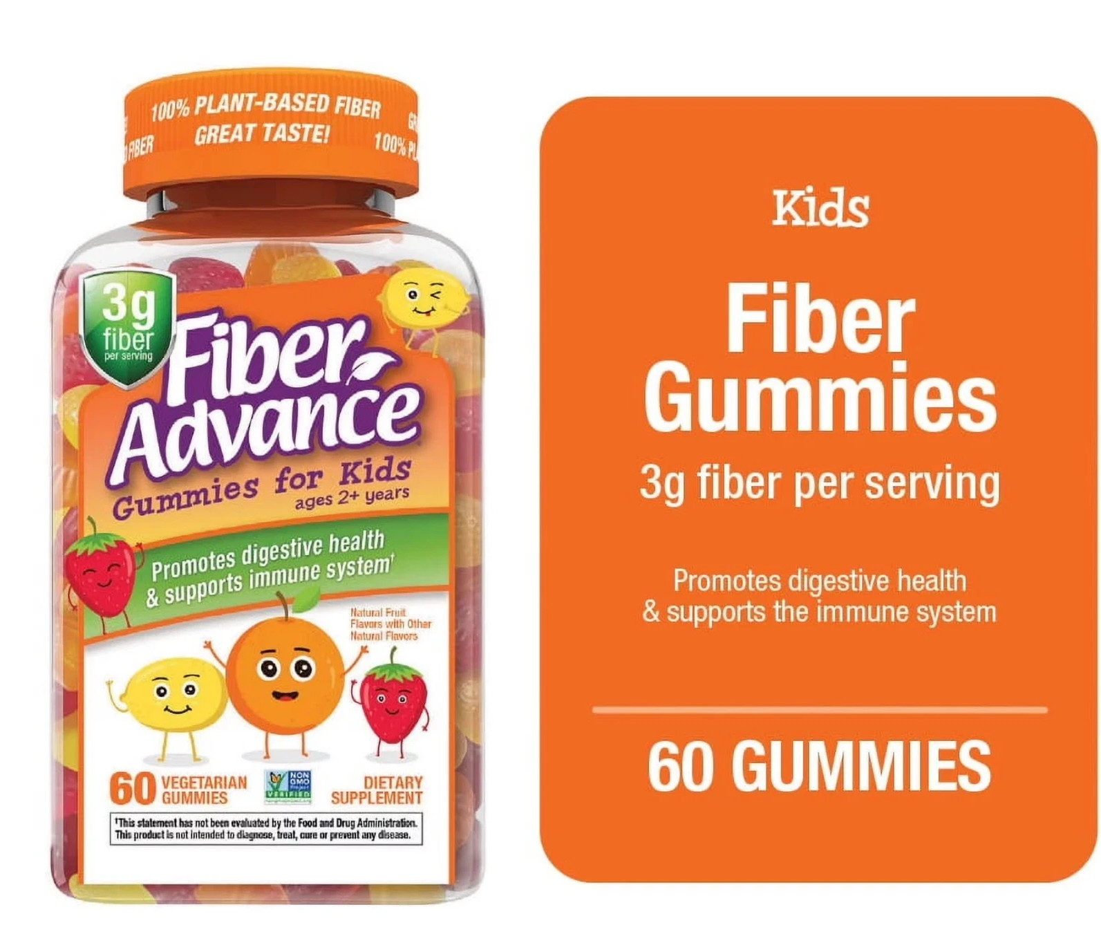 Fiber Advance Kids Digestive Health Fiber Supplement Gummies, Natural Fruit, 60