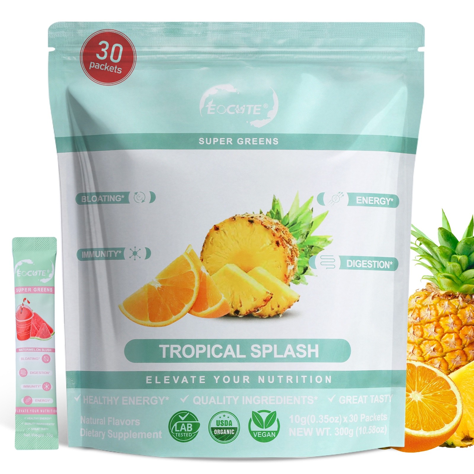 Super GREEN Powder Bloating Relief Gut Health & More Tropical Splash 30 packs