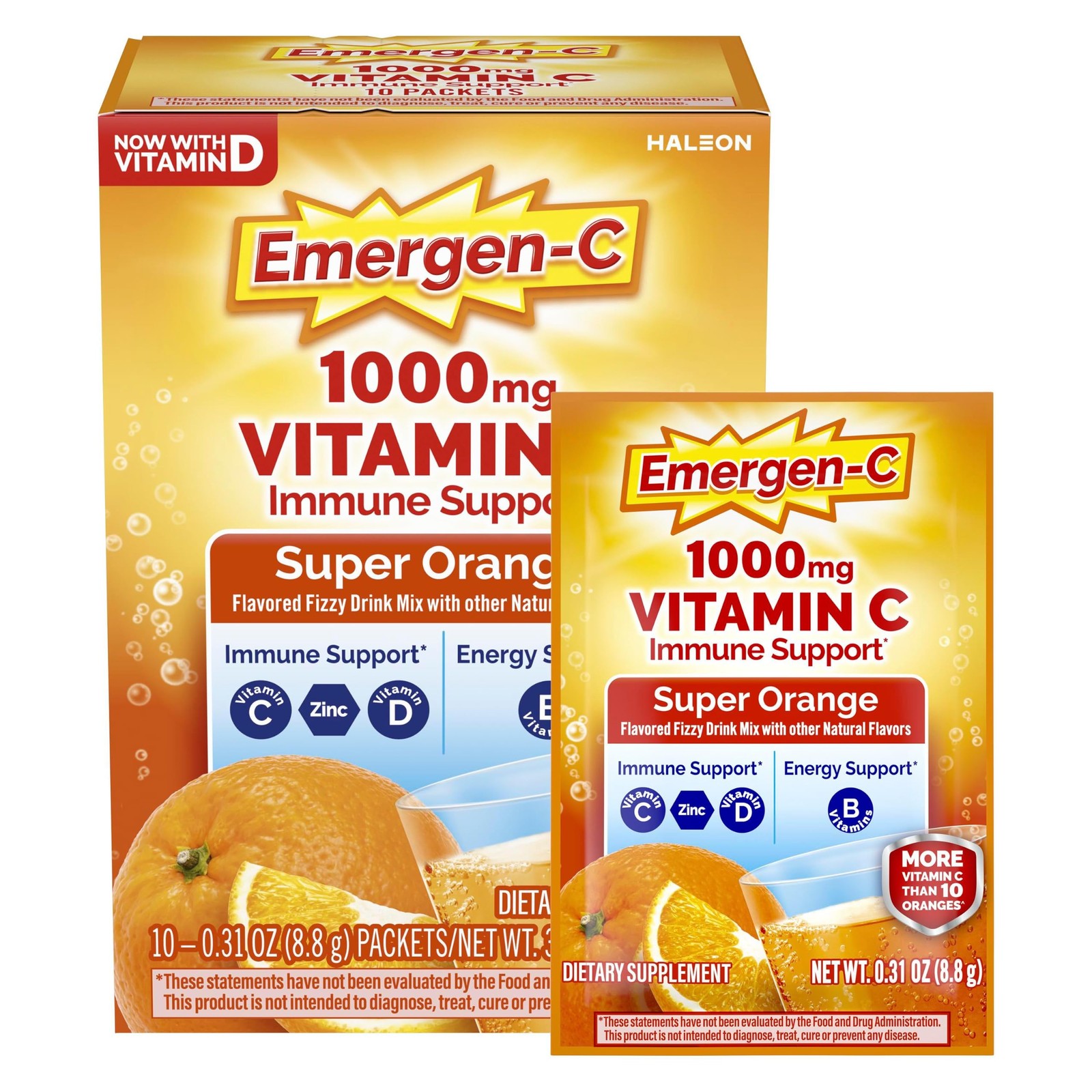 Emergen-C 1000mg Vitamin C Immune Support 3.2 Ounce (Pack of 1), Super Orange