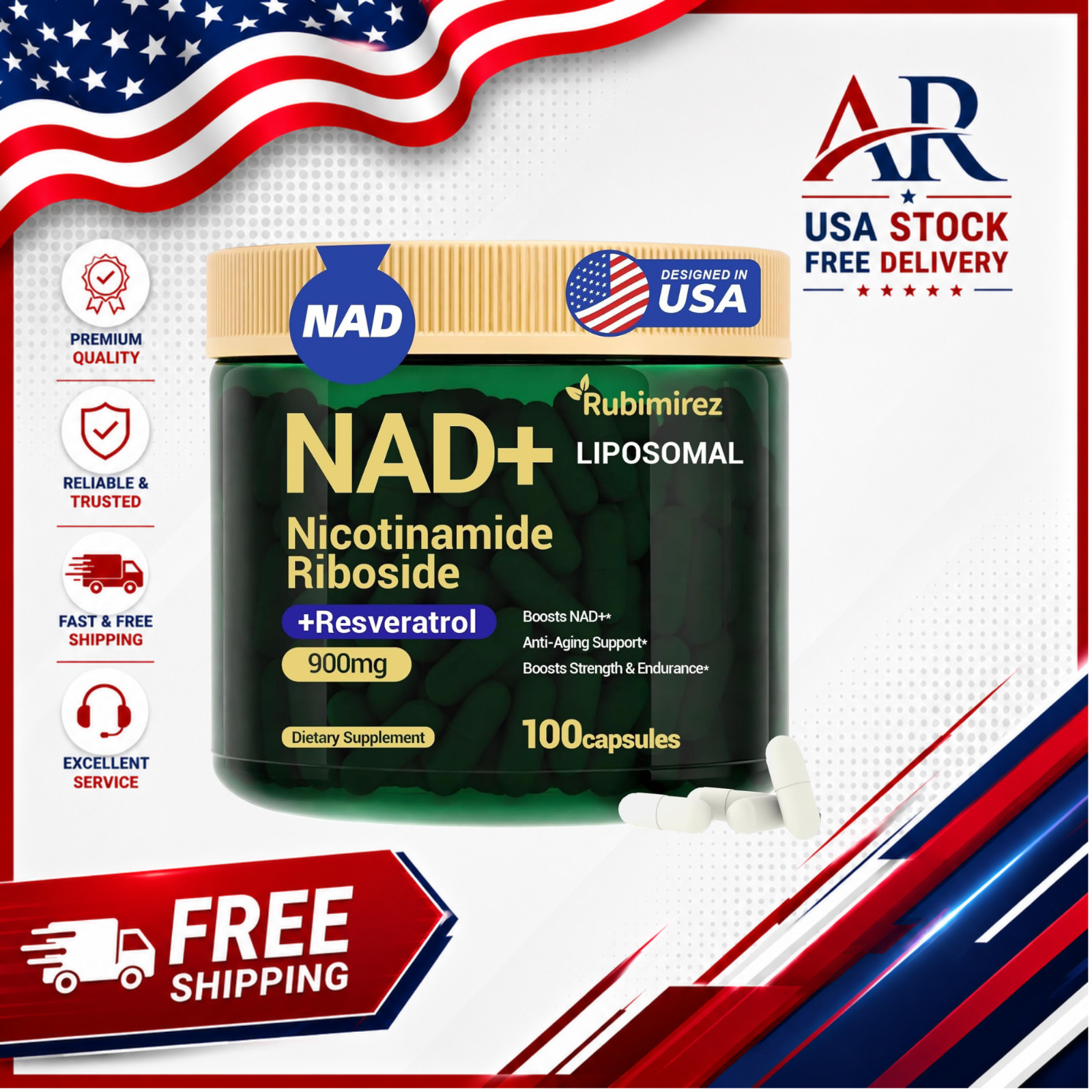 NAD+ Supplement for Anti Aging, Energy, Focus Nicotinamide Riboside Resveratrol
