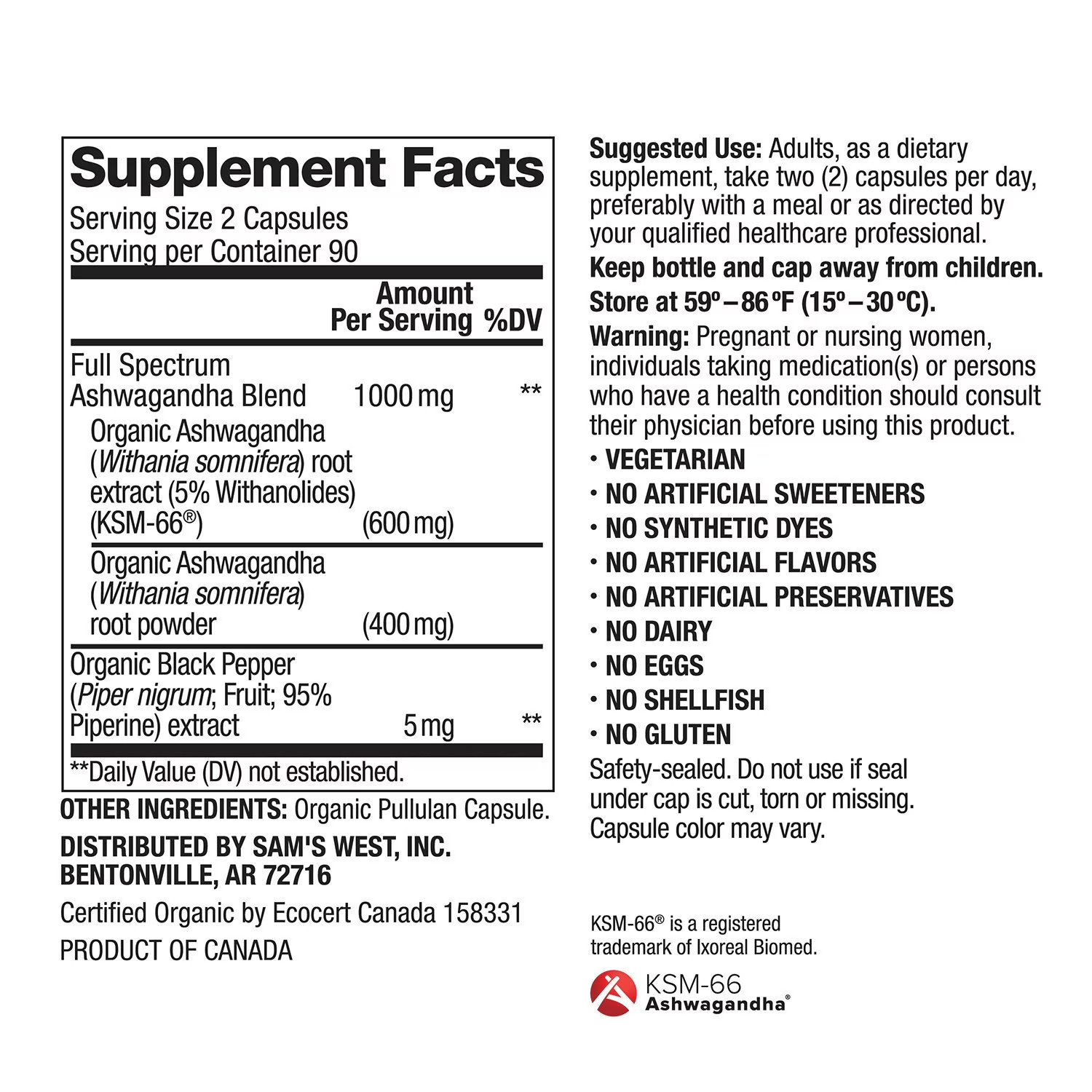 Member’s Mark Organic Ashwagandha 1000 mg Vegetarian Capsules, 180 ct., 03/2028
