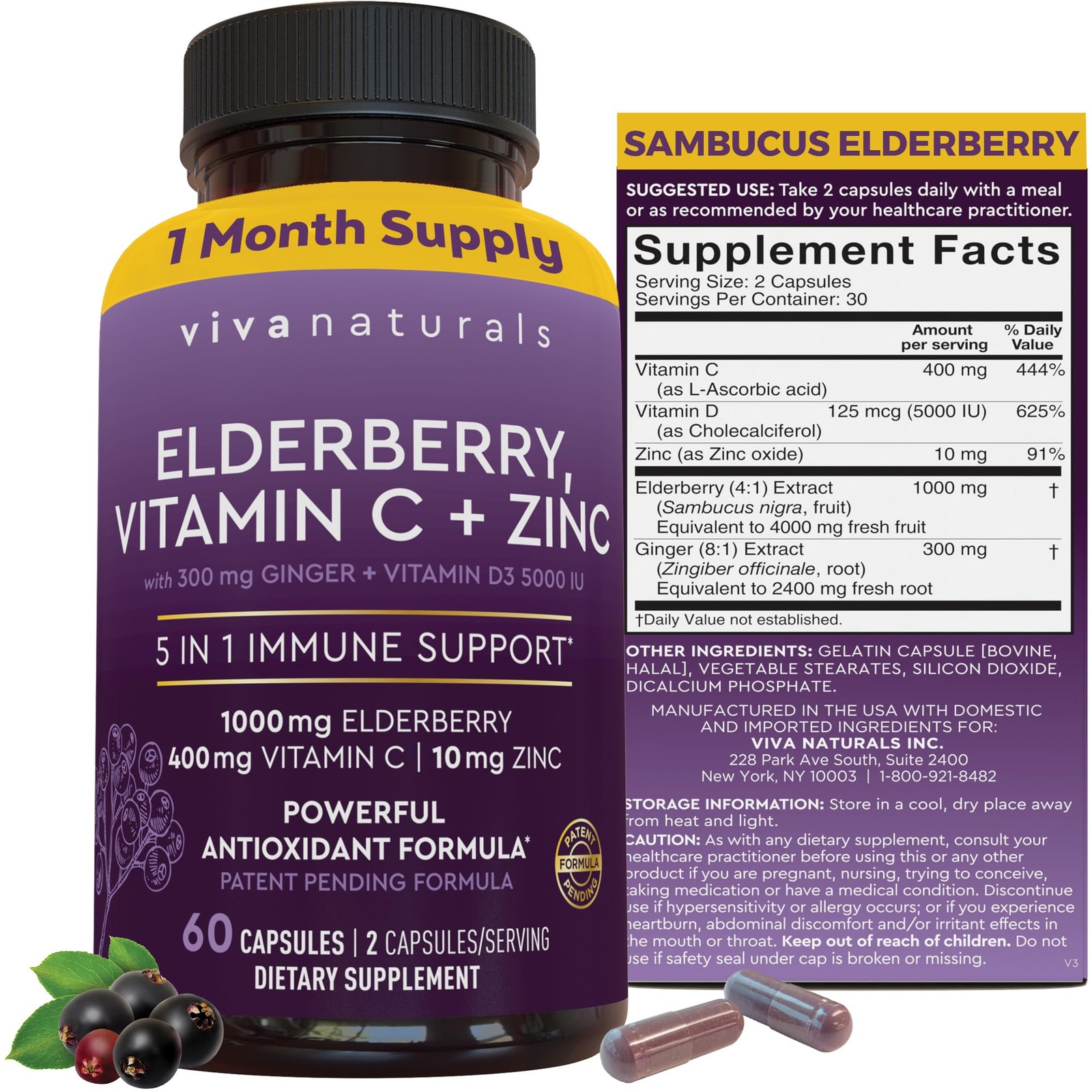 Black Elderberry 1000mg with Vitamin C, D3 5000 IU & Zinc – 5-in-1 Immune Sup…