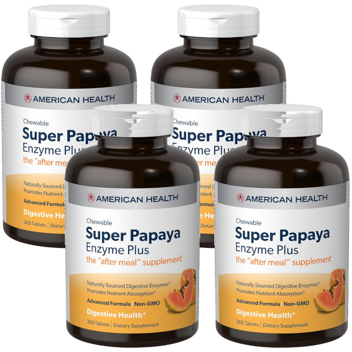 American Health Chewable Super Papaya Enzyme Plus 360 Tabs Each (Pack of 4)