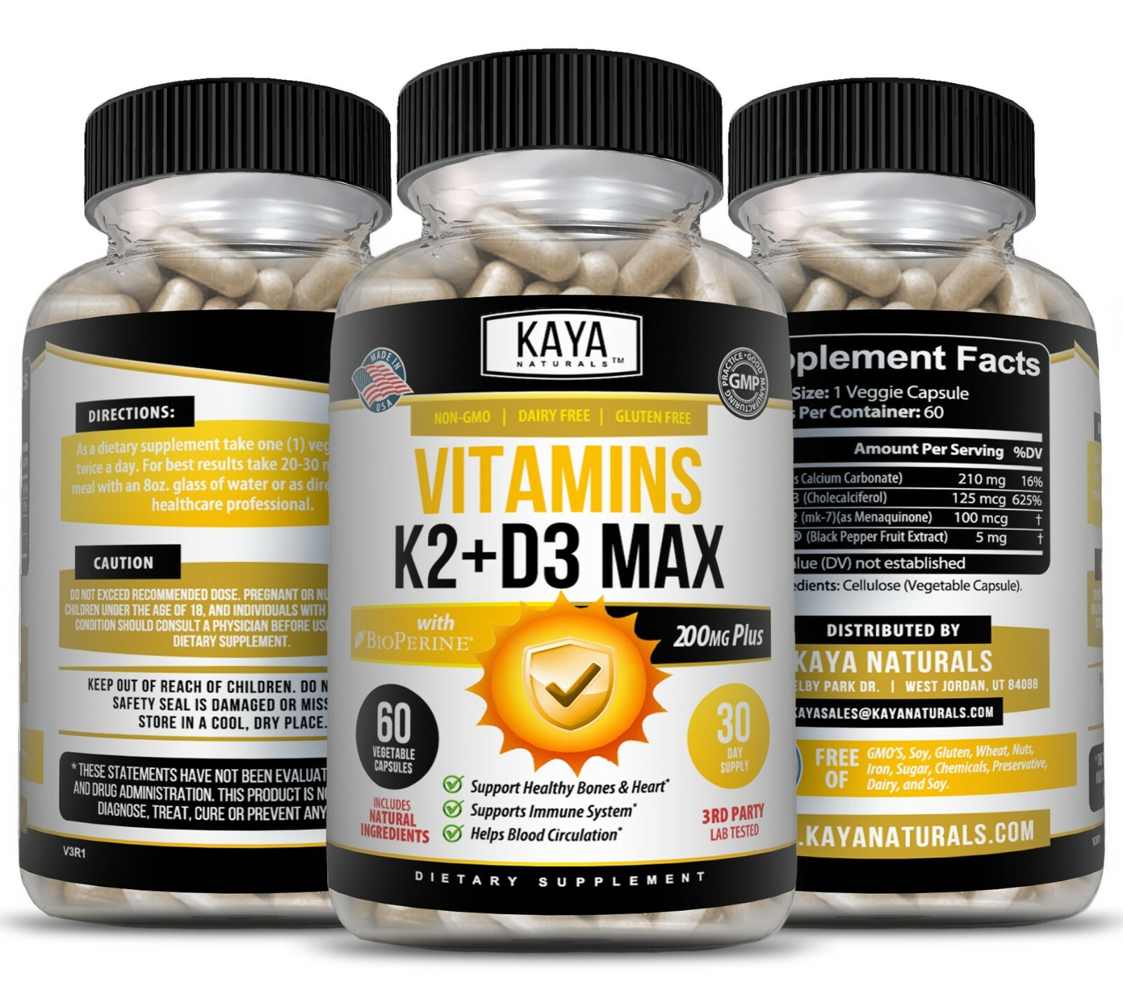 (2 Bottles) Vitamin K2 (MK7) D3 5000 IU Supplement, BioPerine Capsules, Immune