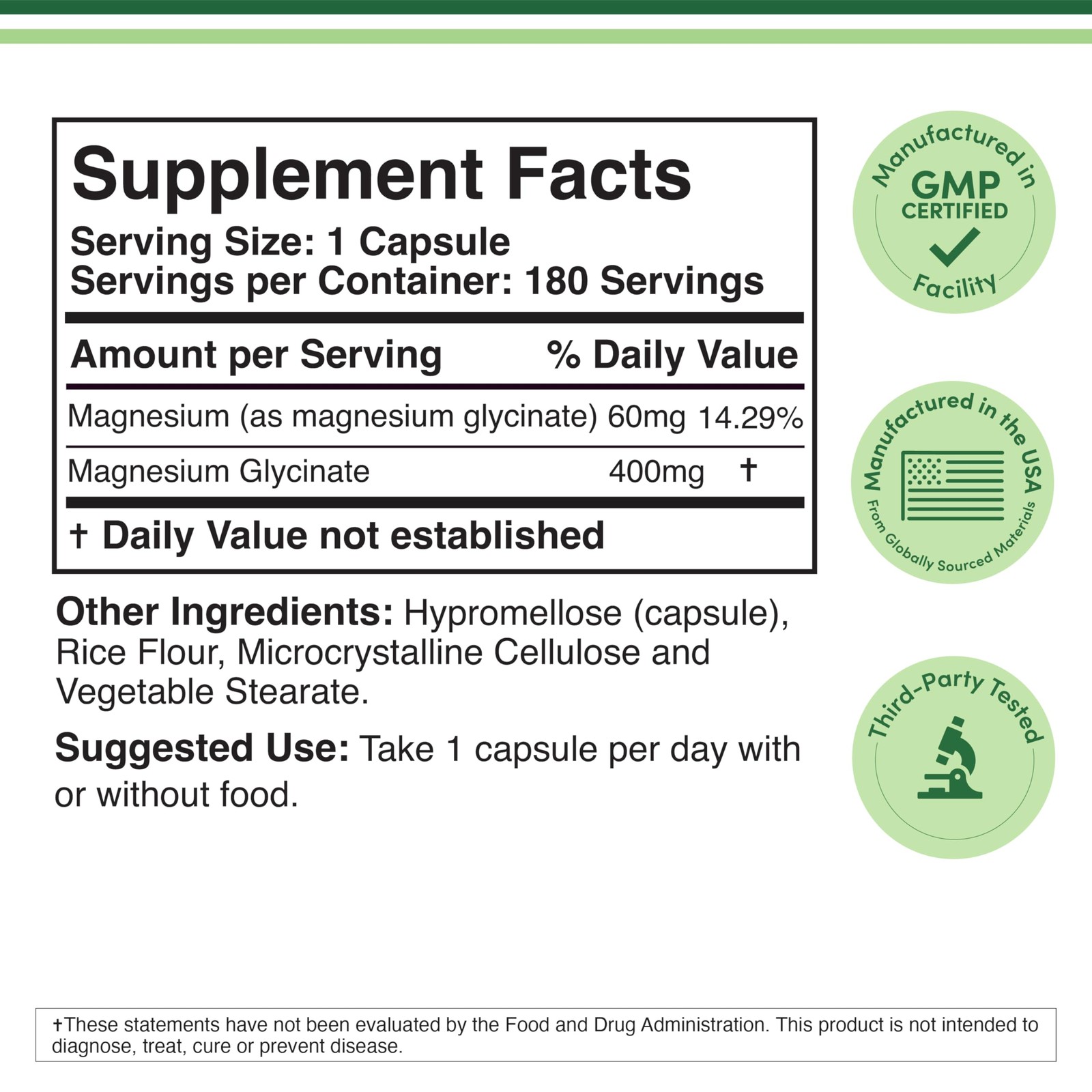 Magnesium Glycinate 400mg | 180 Capsules | Sleep, Muscle, 180 Count, No Color