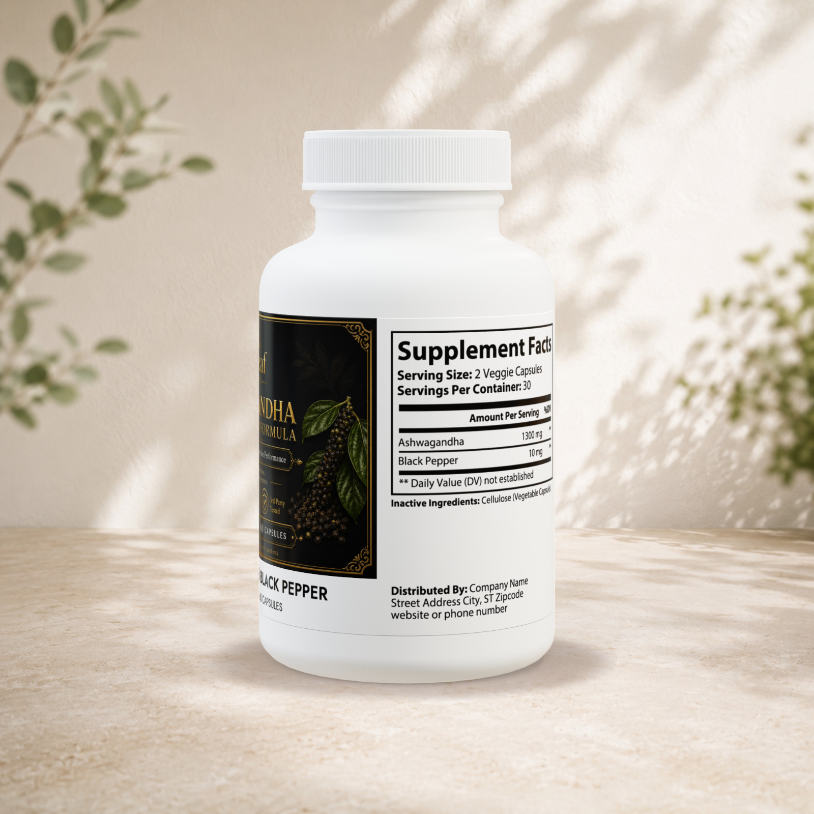 Ashwagandha Black Pepper Formula 60 Capsules Stress Support Vegan Non-GMO