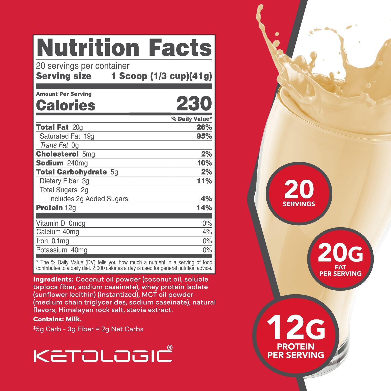 KetoLogic Keto Meal Replacement Shake Powder (Vanilla) (20 Servings)