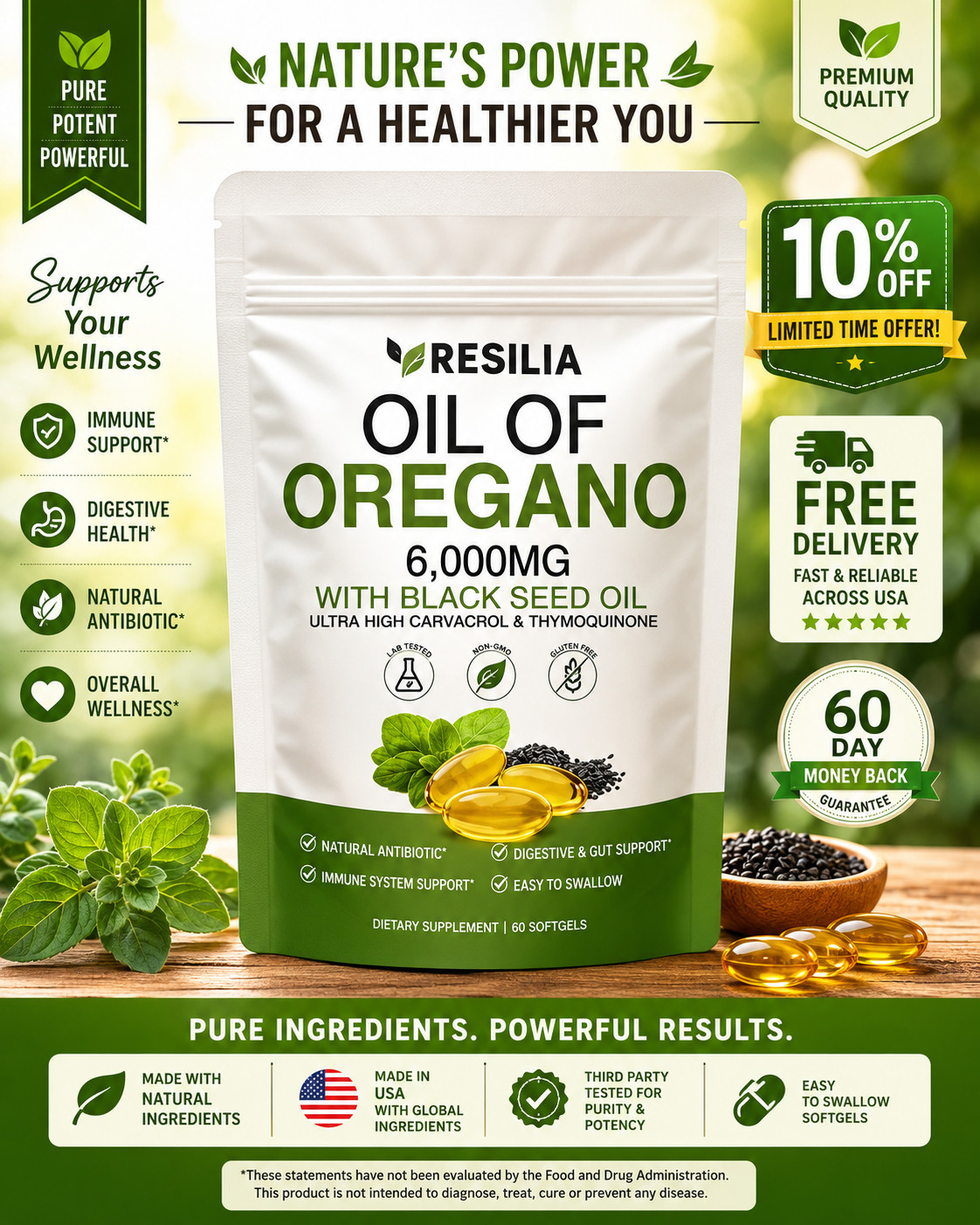 2 in 1 Oil of Oregano & Black Seed Softgels with Carvacrol , Immune Support