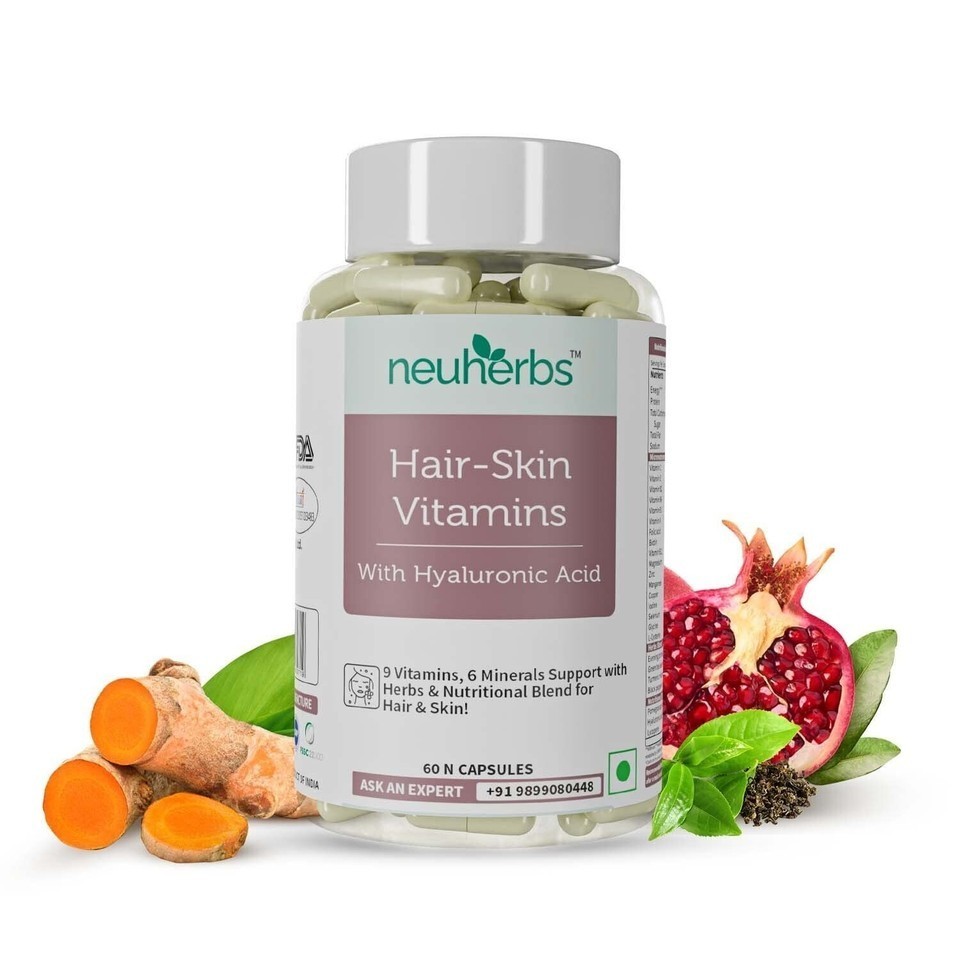 Neuherbs Hair Skin Vitamins Supplement with Hyaluronic Acid, Biotin – 60 Caps