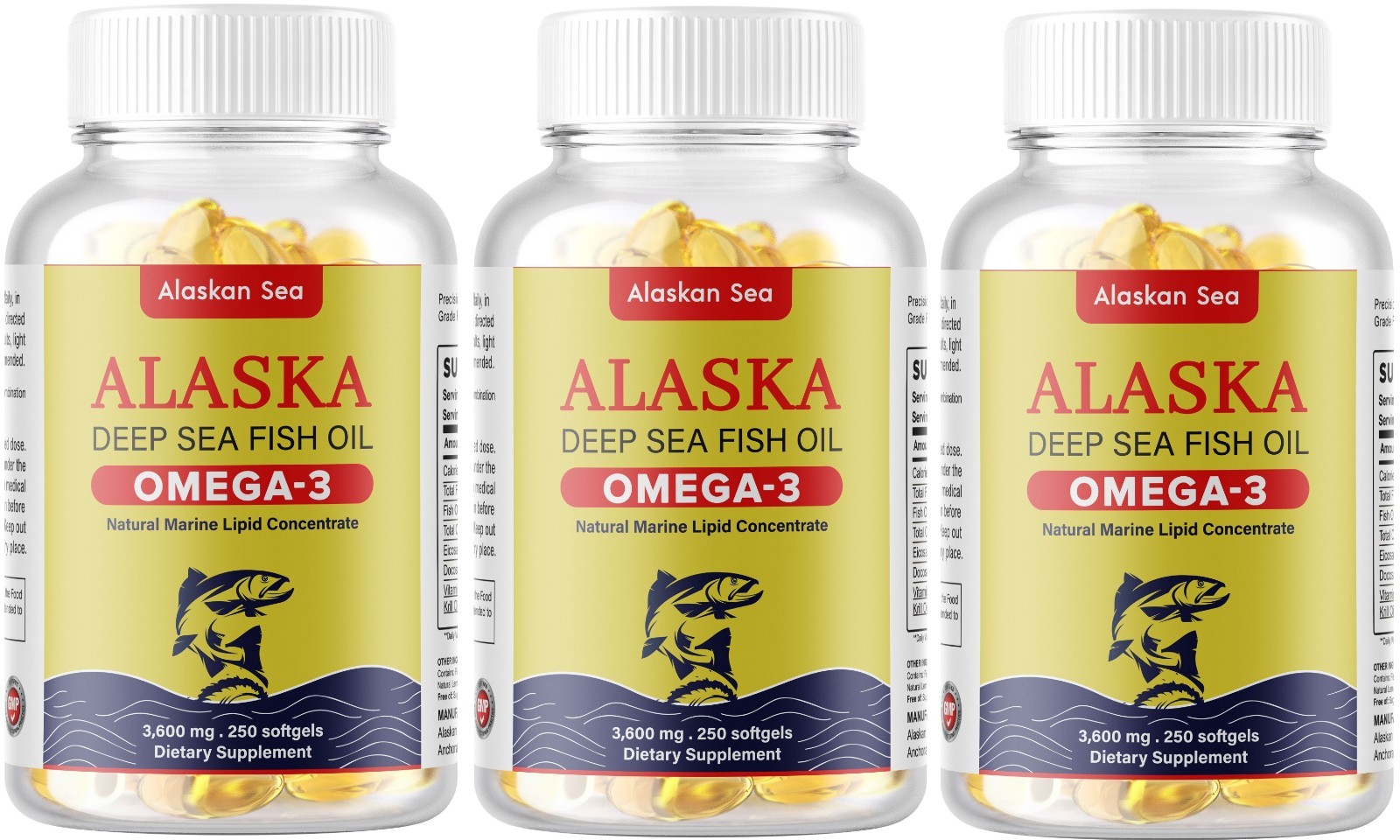 Omega 3 Fish Oil Alaskan Sea – 3,600MG 250 Softgels (125 Serv) 5x Strength USA