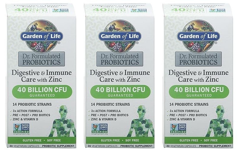 Pack 3 Garden of Life Digestive & Immune Care Probiotic w Zinc, 40 B CFU, 01/27