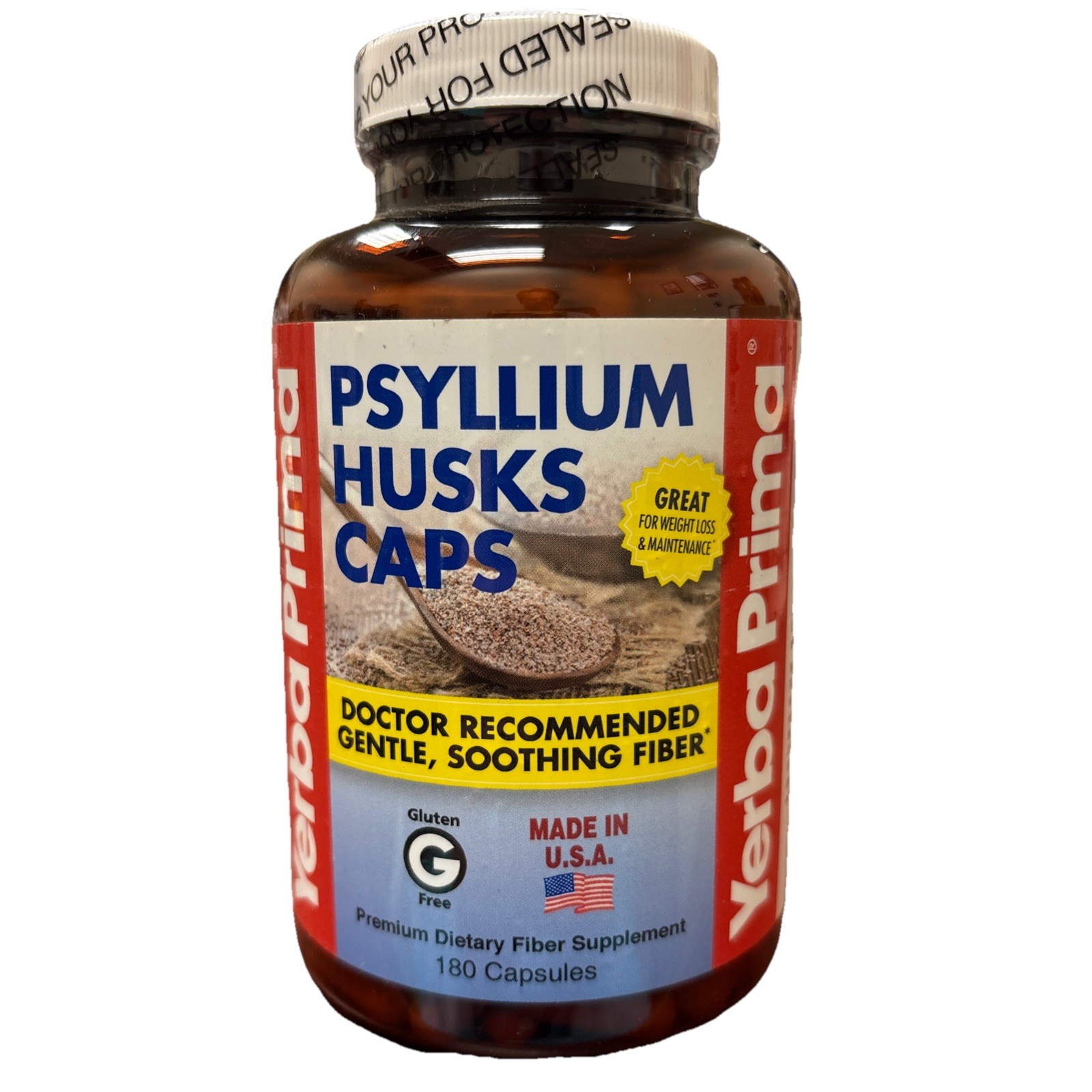 Yerba Prima Psyllium Husks Caps 625 mg 180 Capsules Gluten-Free, EXP 07/2026