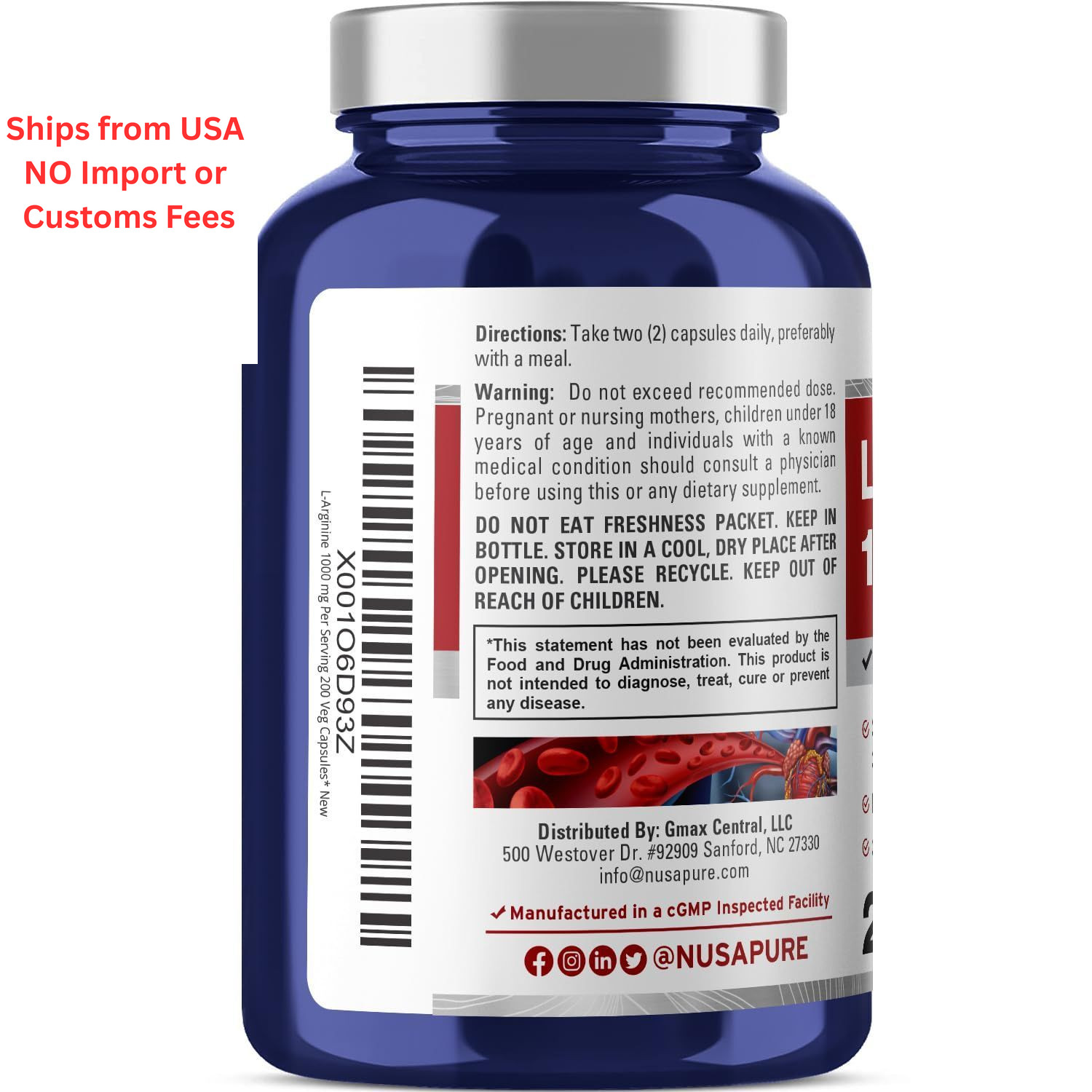 NusaPure L-Arginine 1000 mg 200 Veggie Capsules 200 Count (Pack of 1)