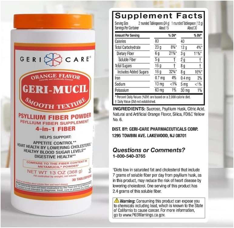 Geri-Mucil 4-In-1 Orange Psyllium Husk Powder – Fiber Supplement (13oz, 2 Pack)