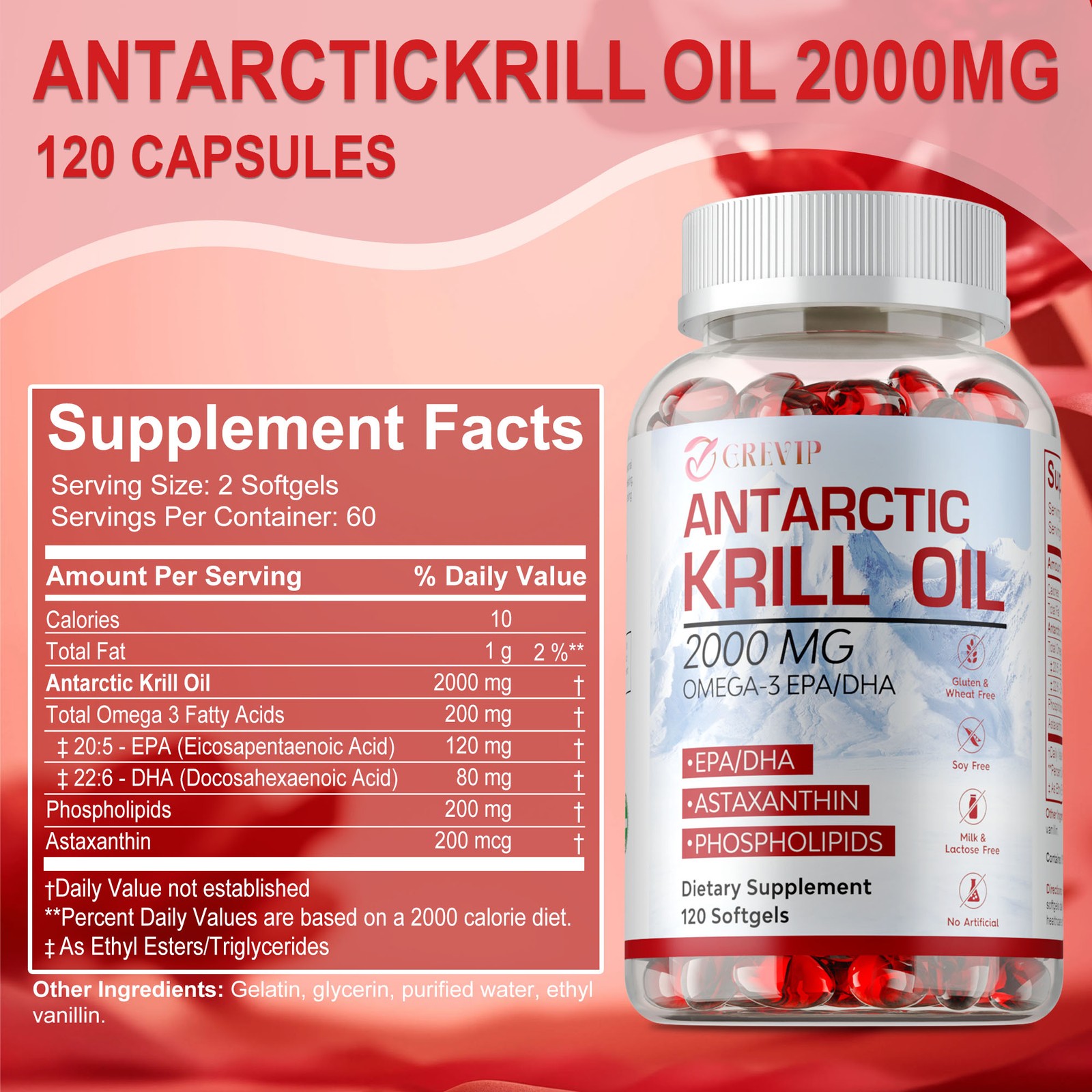 Antarctic Krill Oil 2000mg – with Astaxanthin & Phospholipids, Omega-3, EPA, DHA