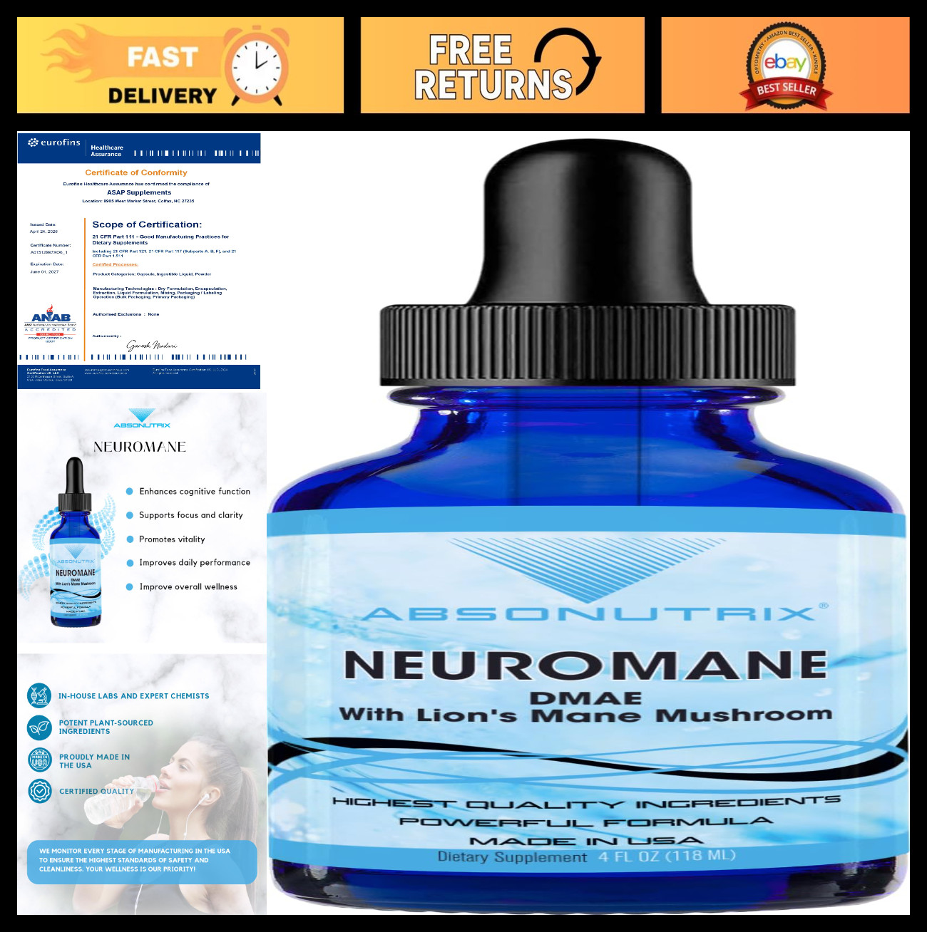 Liquid Dmae with Lion’s Mane Mushroom, 390mg, Plant-Based, Gluten-Free, 302 Serv