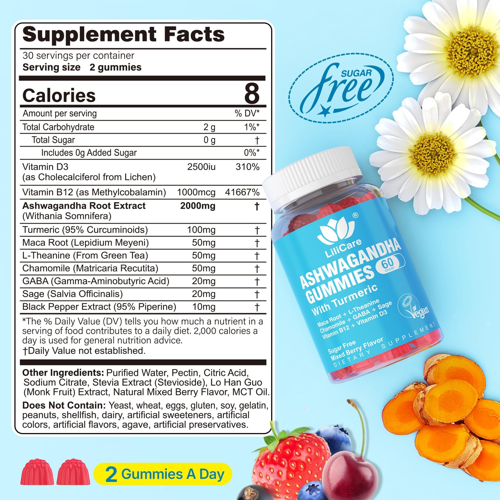 Ashwagandha Gummies 2000mg Sugar Free Vegan Vitamin D3 B12 Turmeric 120 Count