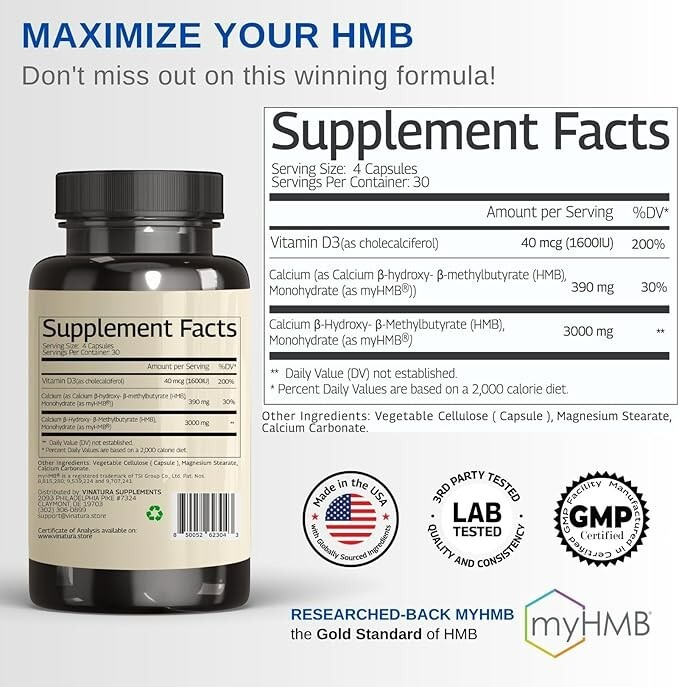 HMB 3000Mg and Vitamin D3 Supplement Capsules per Serving *USA Made & Tested* Pr