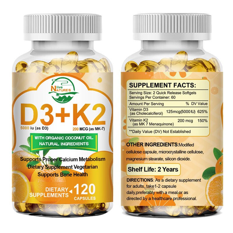 Vitamin D3 5000 IU + K2 200mcg 120 Capsules Extra Strength D3 K2 Supplements