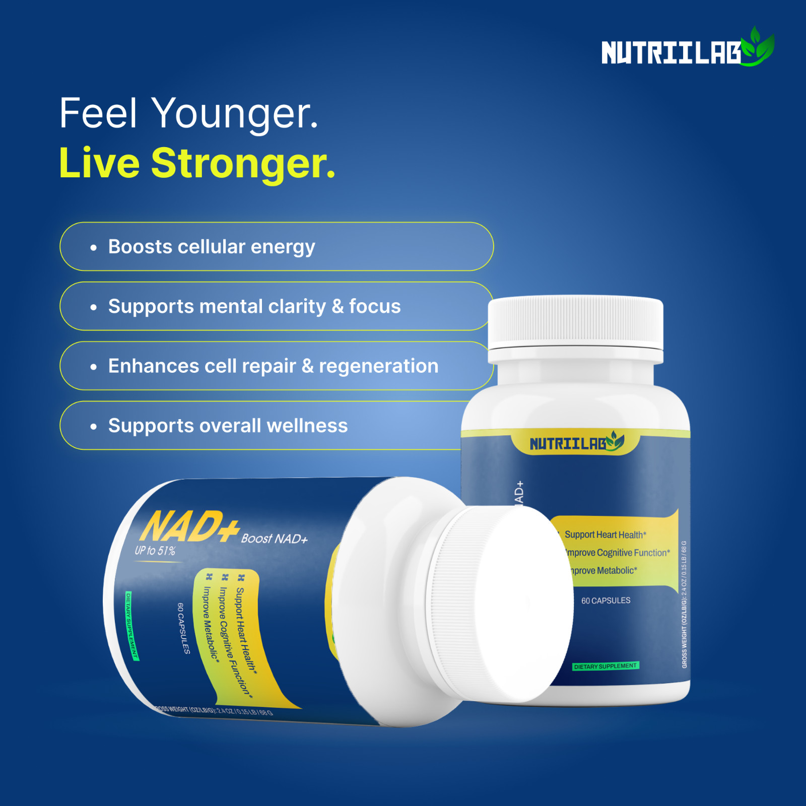 NutriiLab NAD+ Supplement Cellular Energy Anti-Aging DNA Repair Longevity Caps