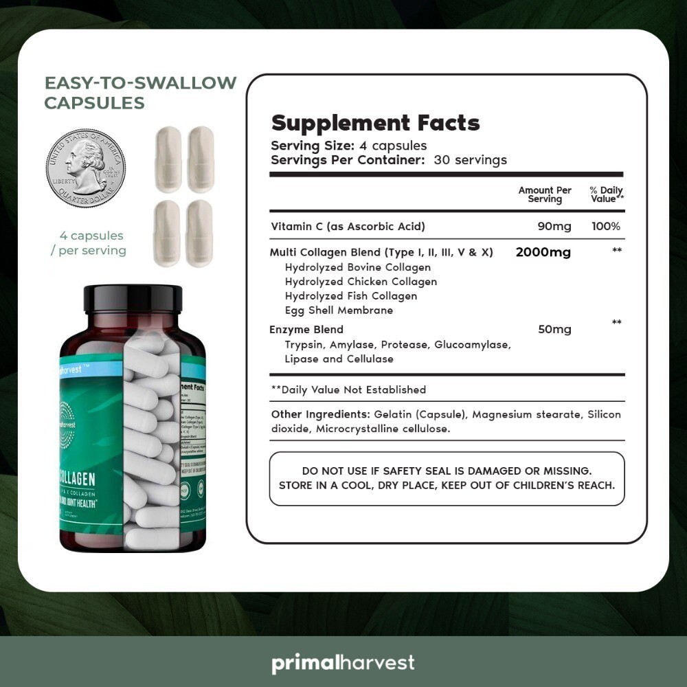 Primal Harvest Multi Collagen 120 Capsules (I, II, III, V, X) Supplement…