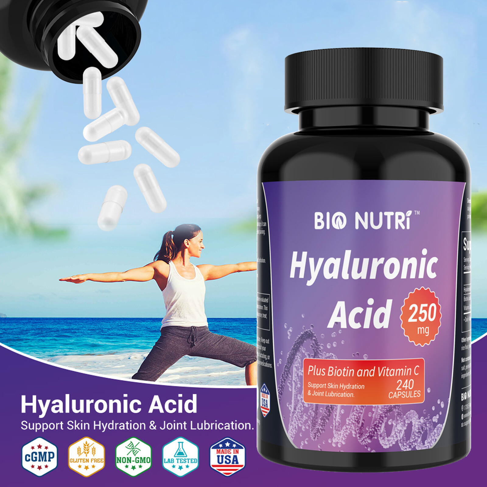 Hyaluronic Acid Supplements + Vitamin C Biotin 240 Capsules 250mg Skin Hydration