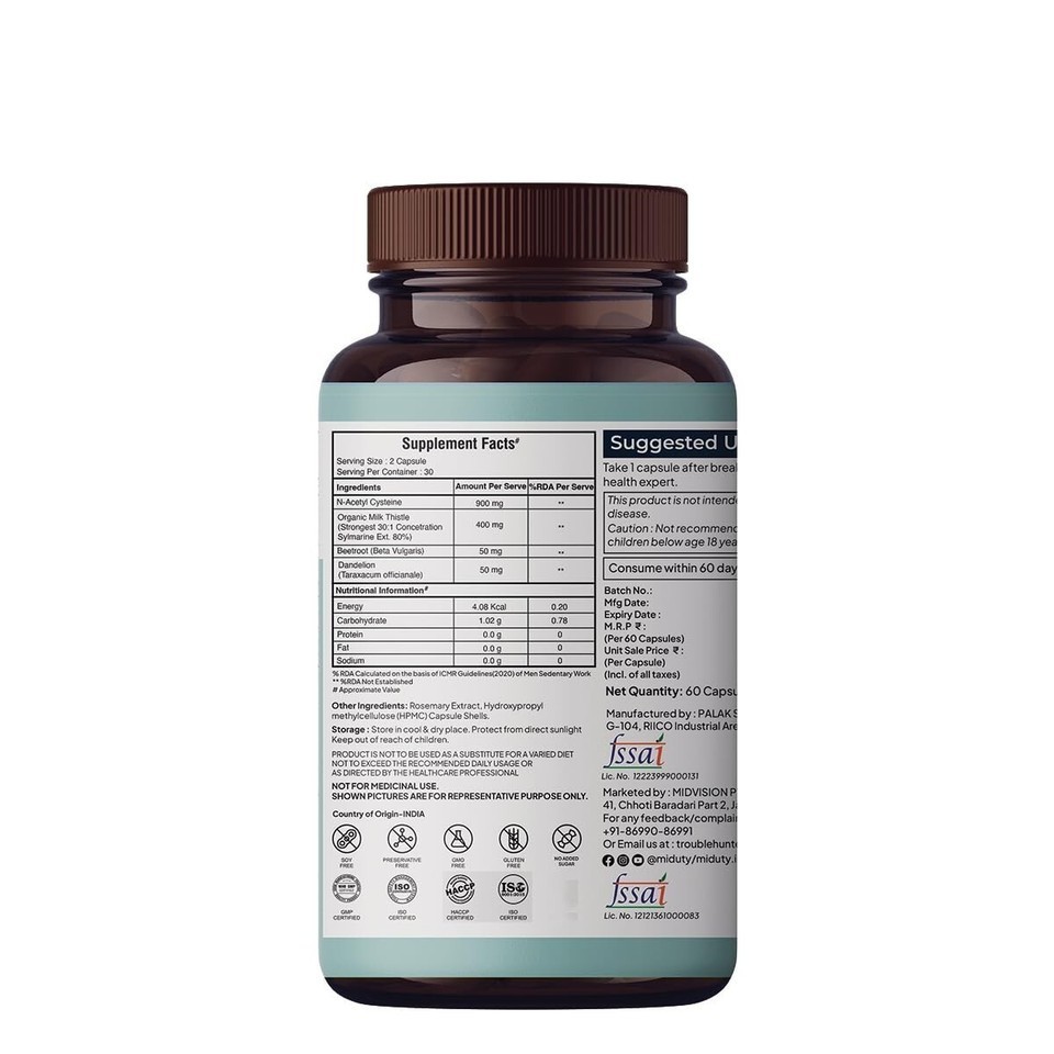 Miduty Palak Notes Liver Detox Supplement Milk Thistle Natural Body Detox -60Cap