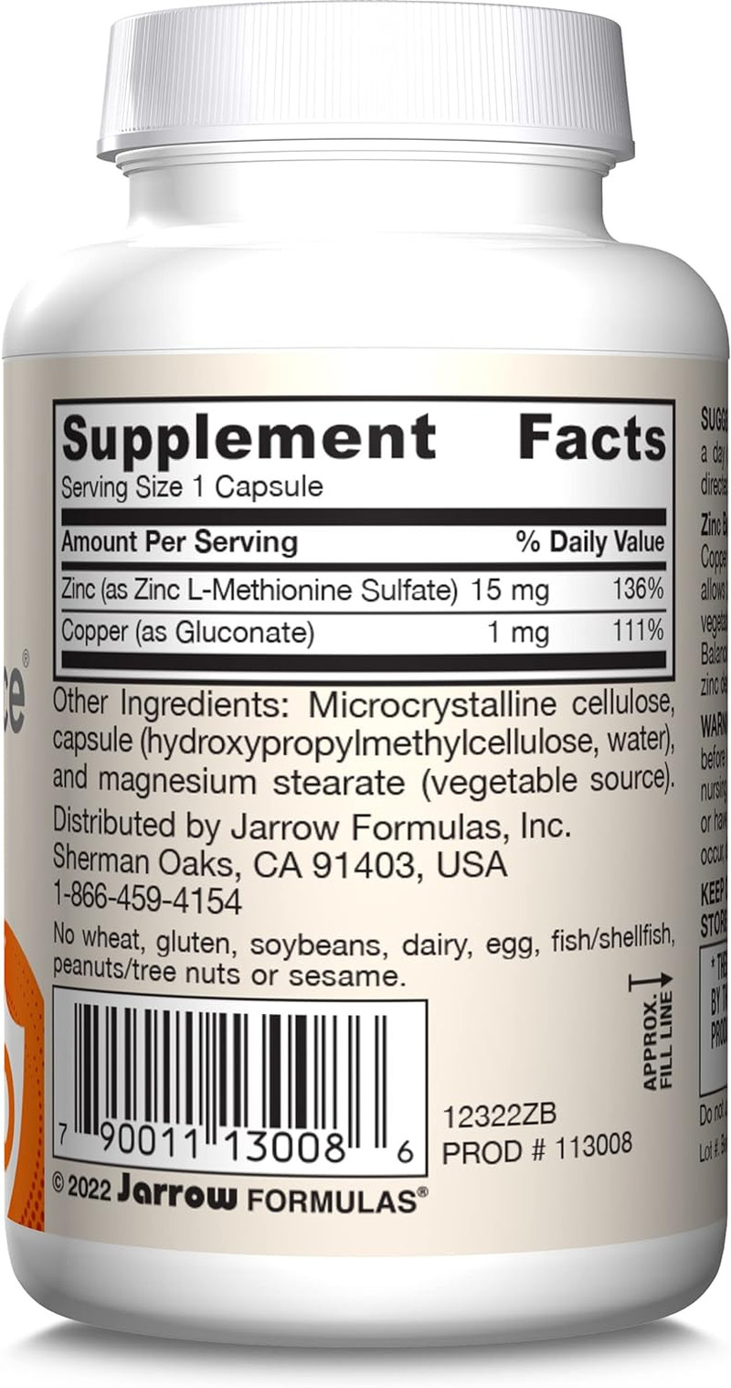 Jarrow Formulas Zinc Balance 15 Mg – 100 Servings (Veggie Caps) – Includes Coppe