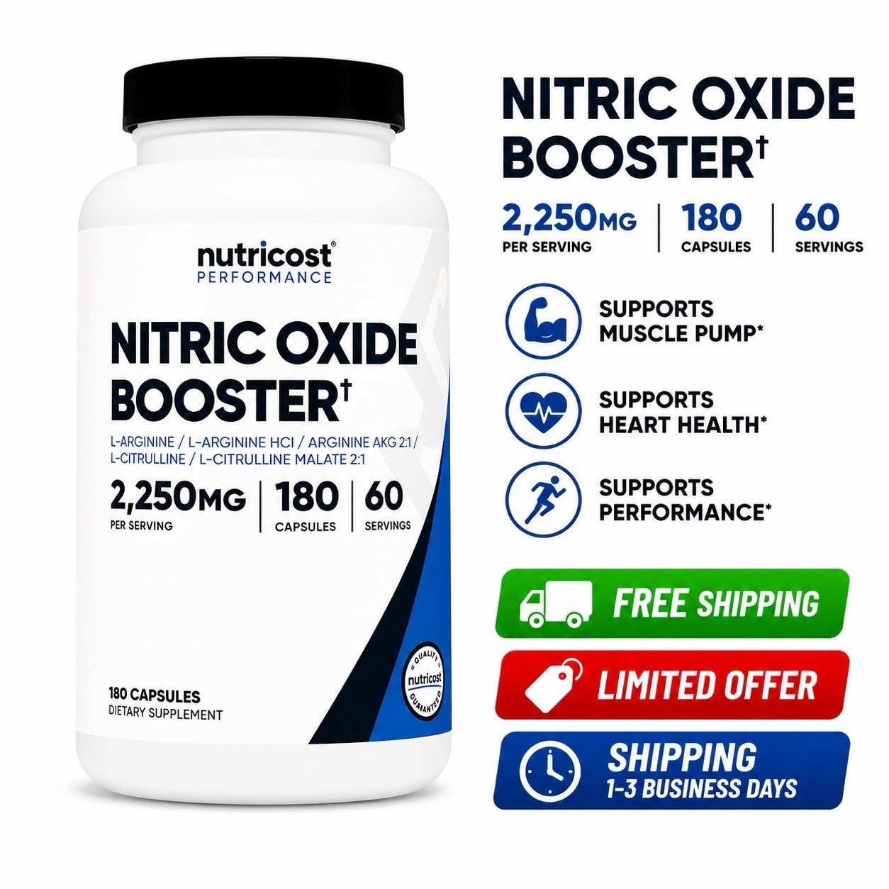 Nutricost Nitric Oxide Booster 2250mg, 180 Capsules – 750mg – 60 Servings