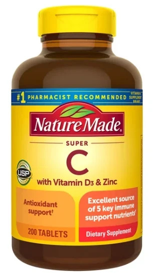 Nature Made Super C 200 Tablets + Vitamin D3, A & Zinc Exp 08/27
