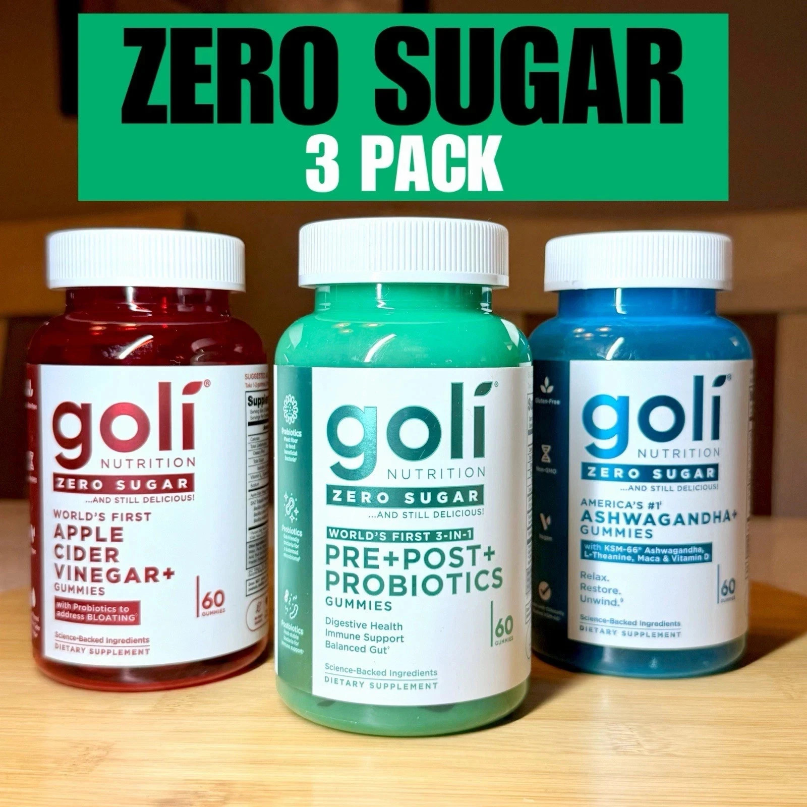 3 PACK Goli Zero Sugar ACV+,Pre+Post+Probiotics, and Ashwagandha+ Gummies Bundle