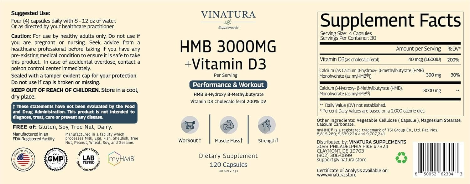 HMB 3000Mg and Vitamin D3 Supplement Capsules per Serving *USA Made & Tested* Pr