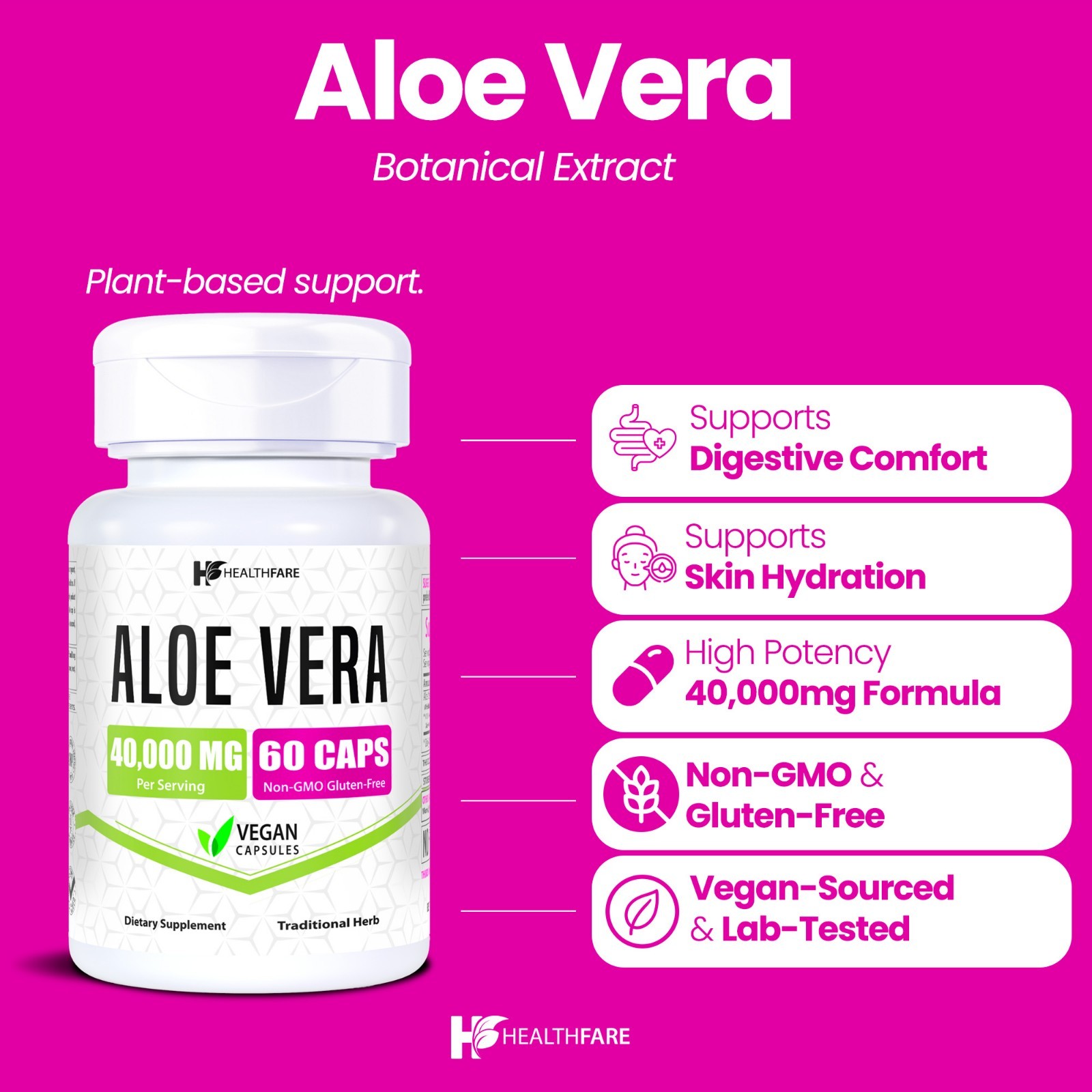 Healthfare Aloe Vera 40,000mg 60 Capsules Digestive Support Non-GMO Made in USA