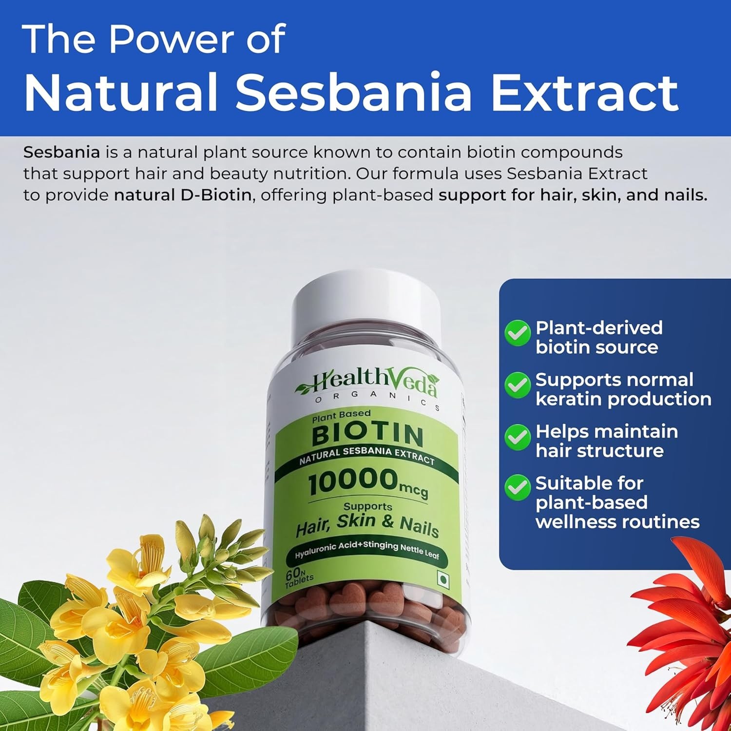 Health Veda.Organics Biotin 10000mcg Hair 60 Tablets