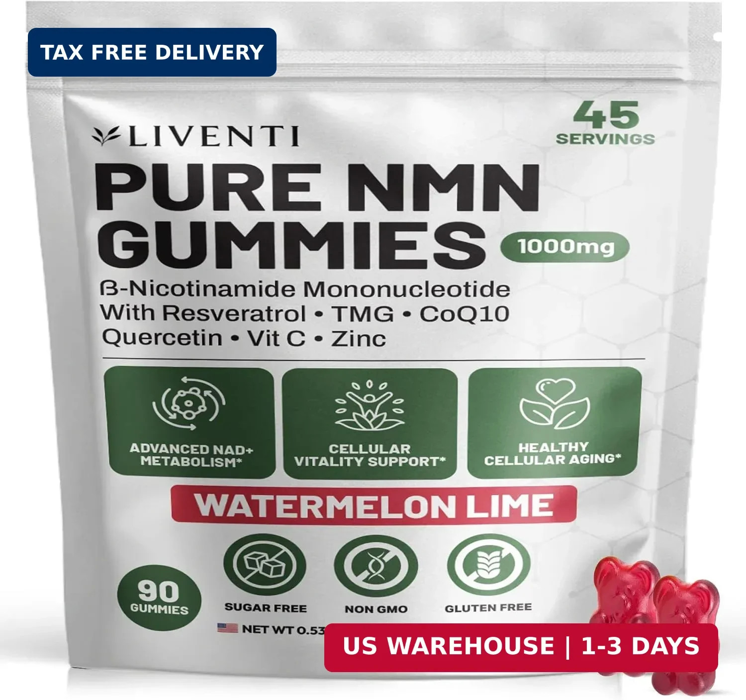 1000mg Resveratrol CoQ10 TMG Gummies Quercetin Healthy Aging Supplement 90 Count