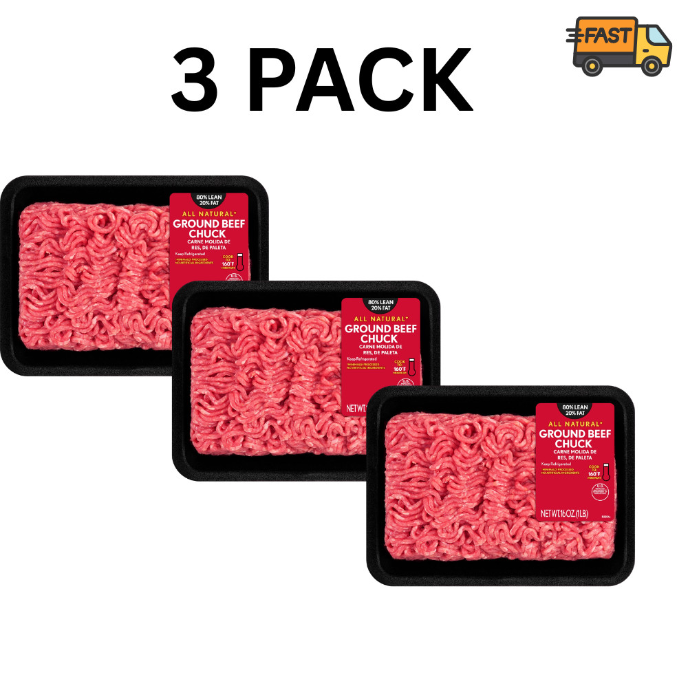 3 Pack Fresh 80/20 Ground Beef Chuck 1 lb Tray All Natural Beef