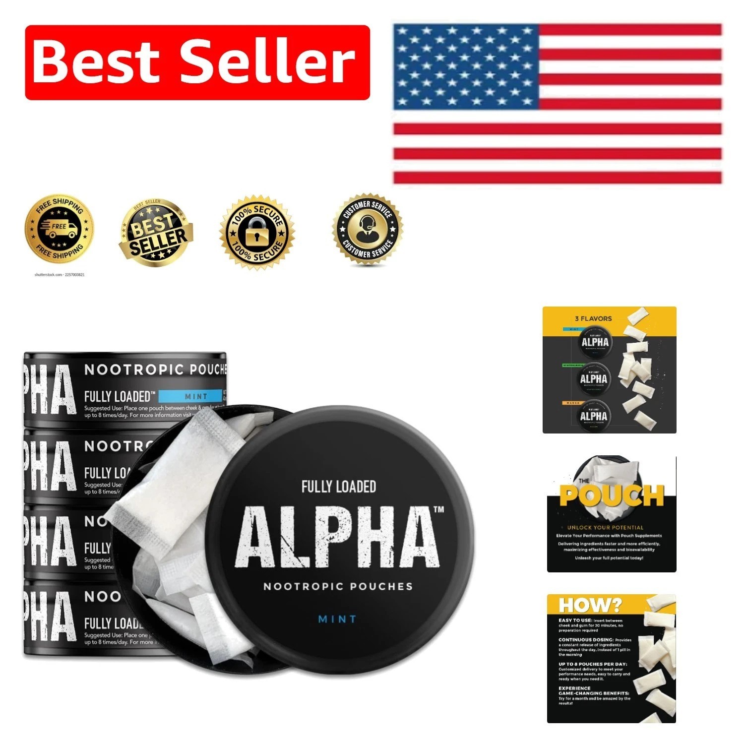 Fully Loaded Alpha Nootropic Pouches – 5 Cans of Mint Flavor, 75 Pouches Total