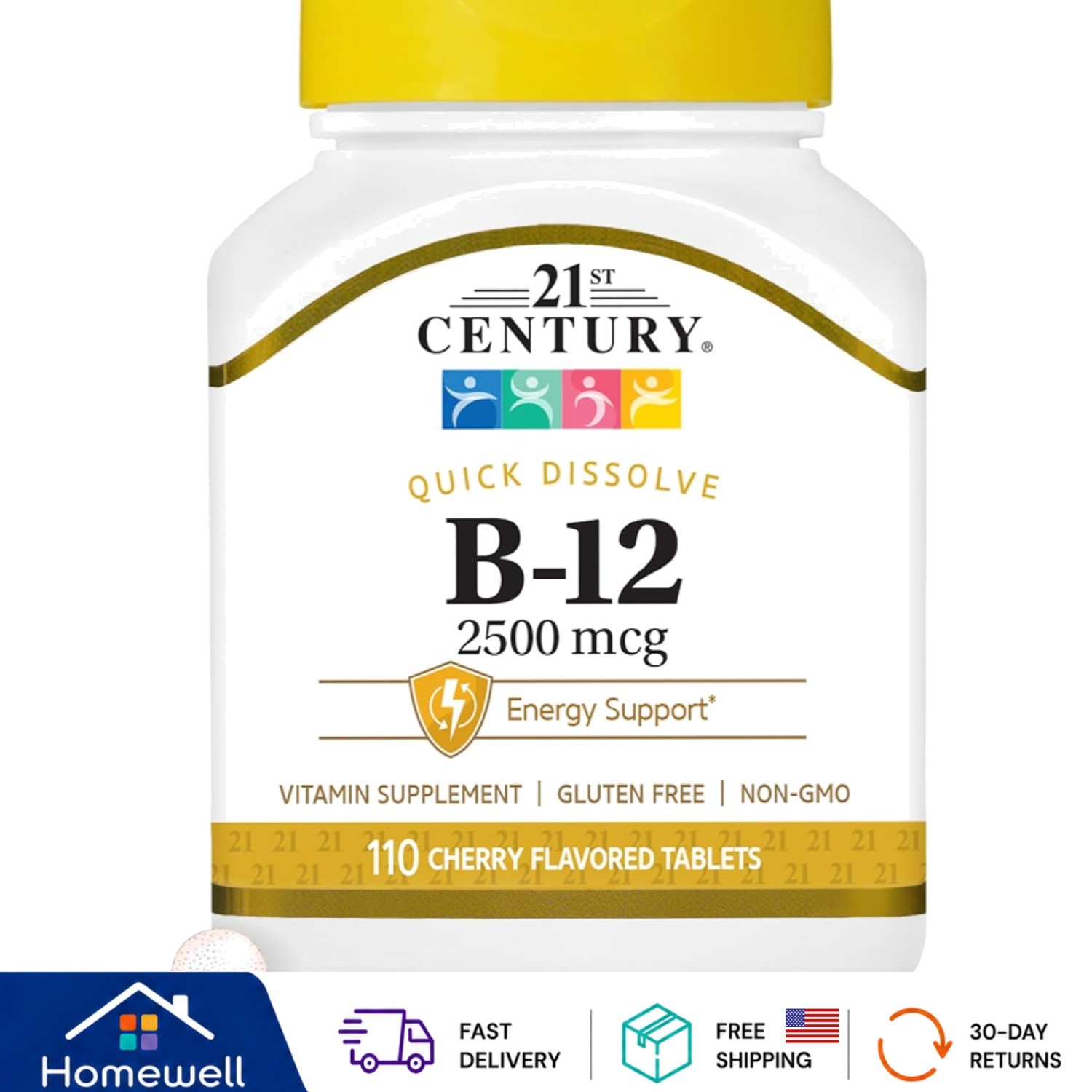 Cherry Flavor B-12 2500 mcg Tablets – Quick Dissolve for Natural Energy, 110 Ct