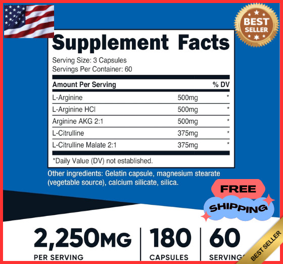 Nitric Oxide Booster 2250Mg, 180 Capsules – 750Mg per Casule, 60 Servings – Glut
