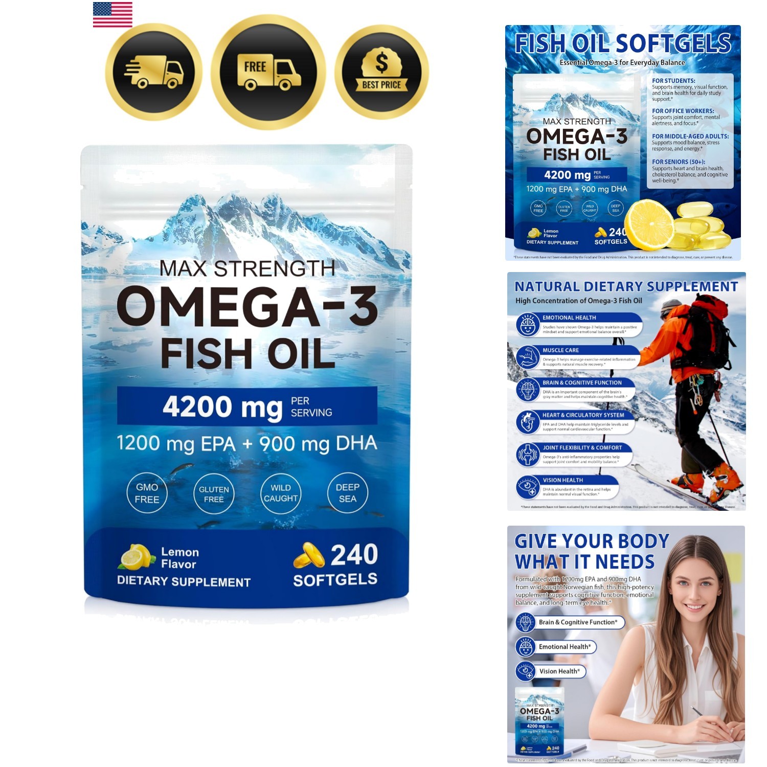 Omega 3 Fish Oil 4200mg – 1200mg EPA 900mg DHA per Serving – 240 Softgels, 80…