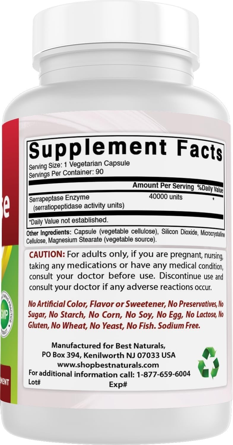 Serrapeptase 40,000 SPUs – Powerful Digestive Support, 90 Count per Bottle