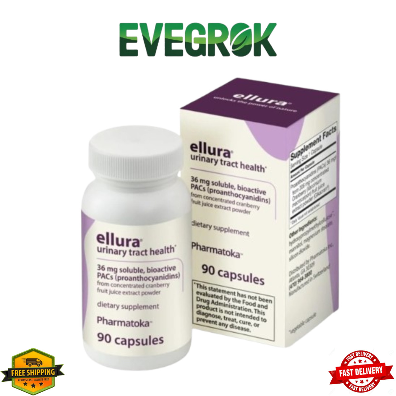 Ellura 36mg Cranberry Extract Capsules | Urinary Tract Health Support 90 Ct