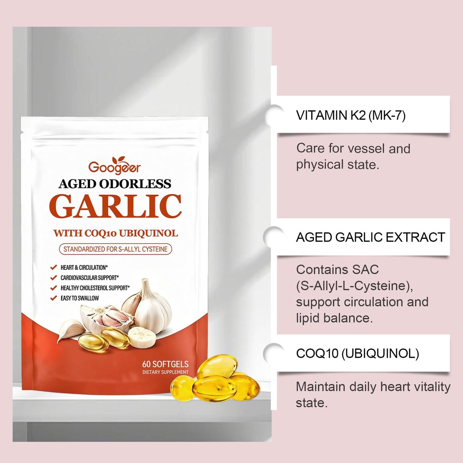 Odorless Aged-Resilia Garlic Extract 600mg Softgels (60 Count) with CoQ10